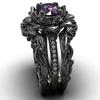 Exquisite Black Color Flower Hollow Rings for Women Round Blue Purple Pink Stone Rings Set Jewelry Party Gift