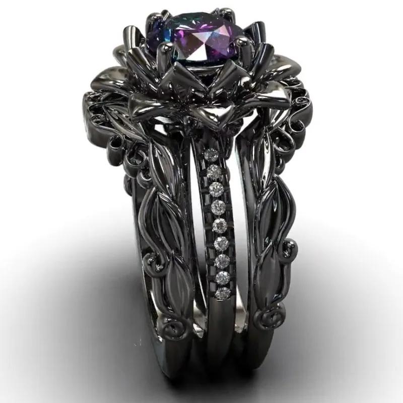 Exquisite Black Color Flower Hollow Rings for Women Round Blue Purple Pink Stone Rings Set Jewelry Party Gift