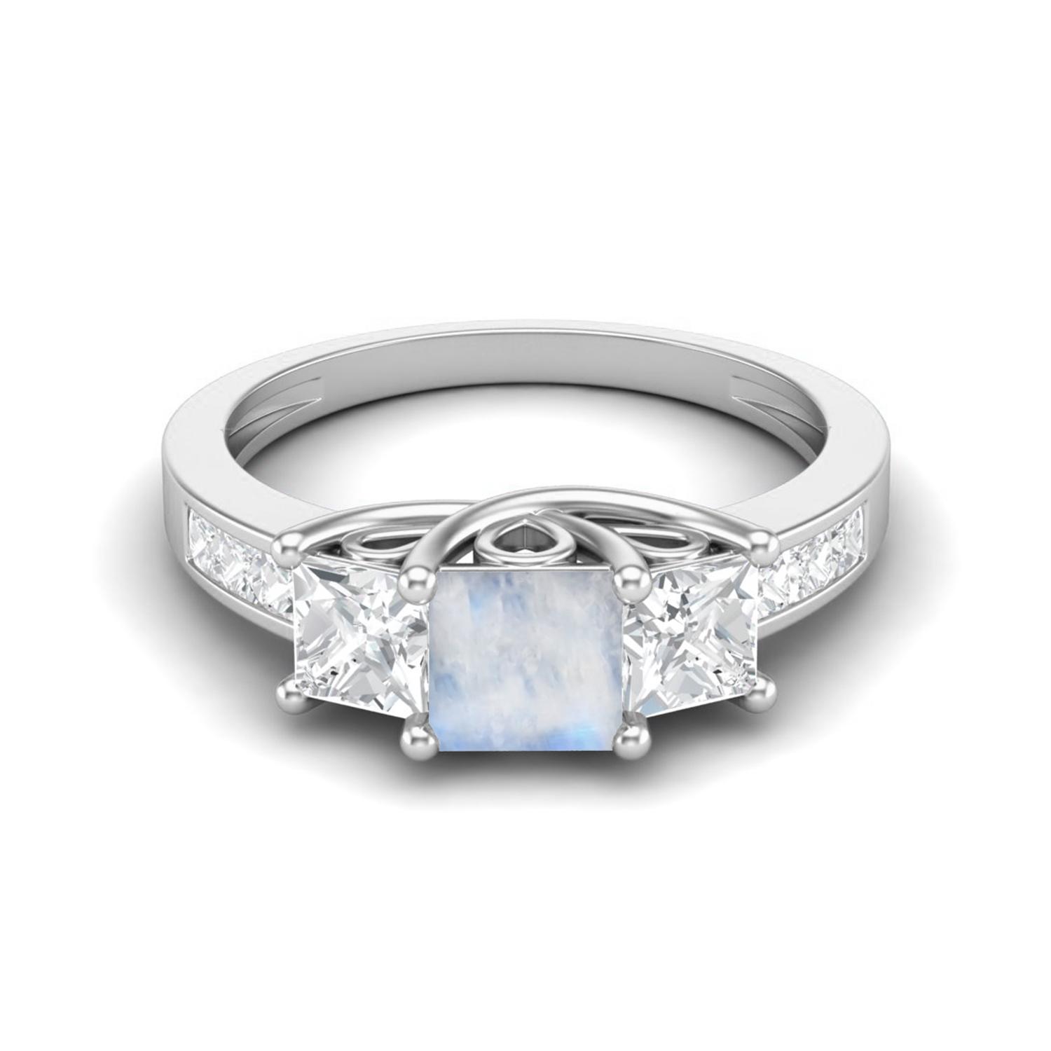 2.11 Cts Square Cut Halo Three Stone Moonstone Gemstone 925 Sterling Silver Women Ring 12 белый