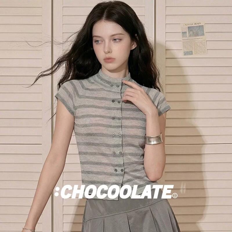 :CHOCOOLATEit Women s Slim Fit Striped Short Sleeve T-Shirt M светло-серый