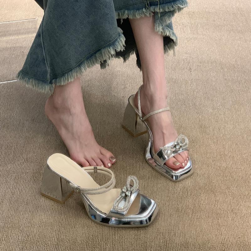 Temperament high heel with sandals female rhinestone bow fairy wind summer two wear waterproof desk thick heel cool slippers