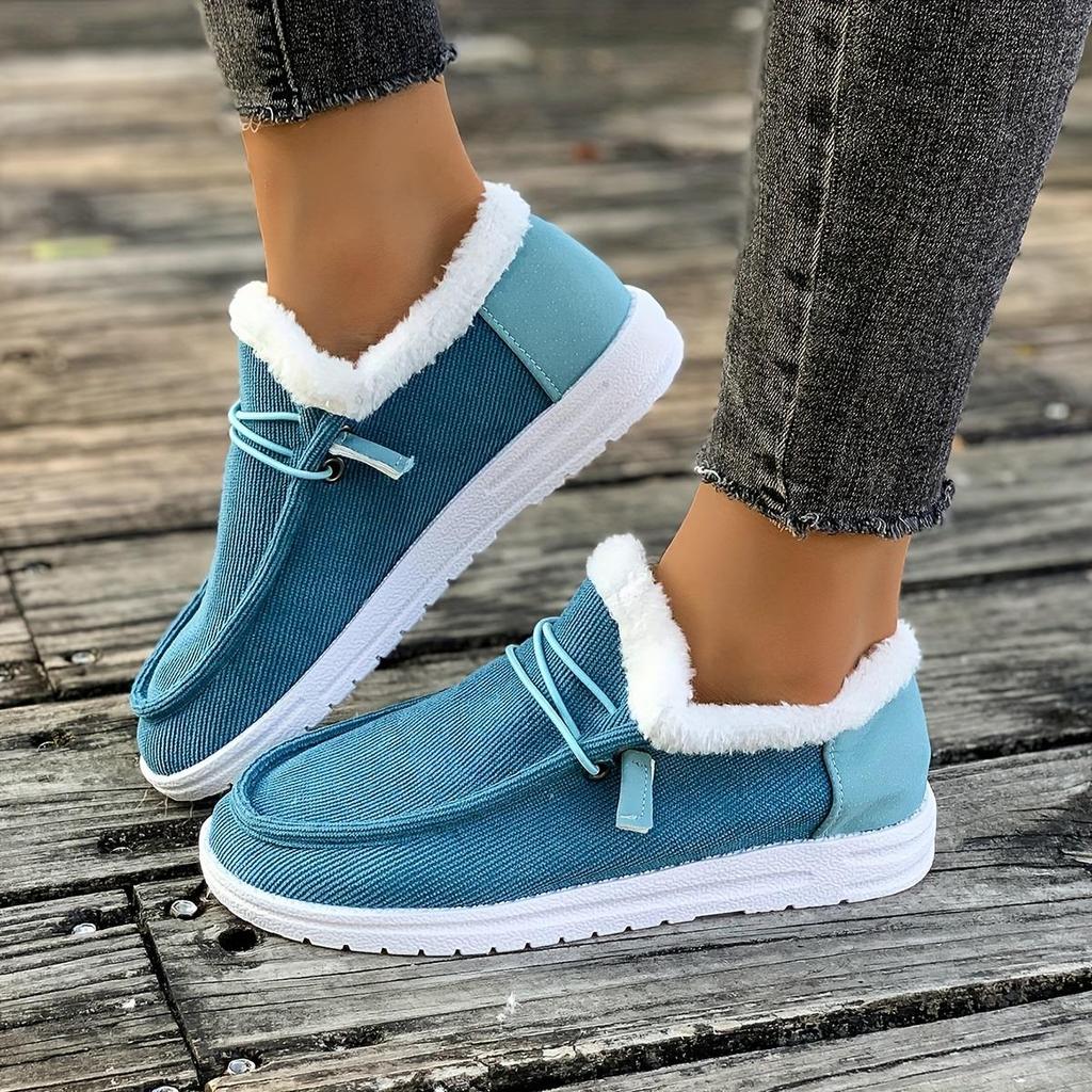 Ladies' Gray Loafers with White Fur Decorati - Comfortable Round Toe Flat Shoes, Comfortable Fabric Lining, Covering The Sole, Comfortable In Winter
