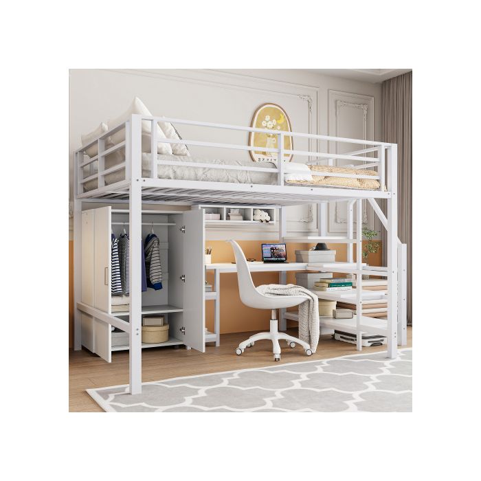 Hochbett - MUVOE - 140x200cm - Weiß - Integrierter Schreibtisch - Schrank und Regale inklusive