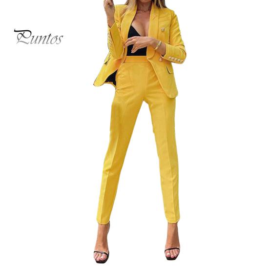 

Женский комплект из 2 предметов: пальто и брюки, однотонный кардиган с длинными рукавами и лацканами, куртка средней длины с брюками и высокой талией, деловой деловой наряд для поездок на работу L жёлтый