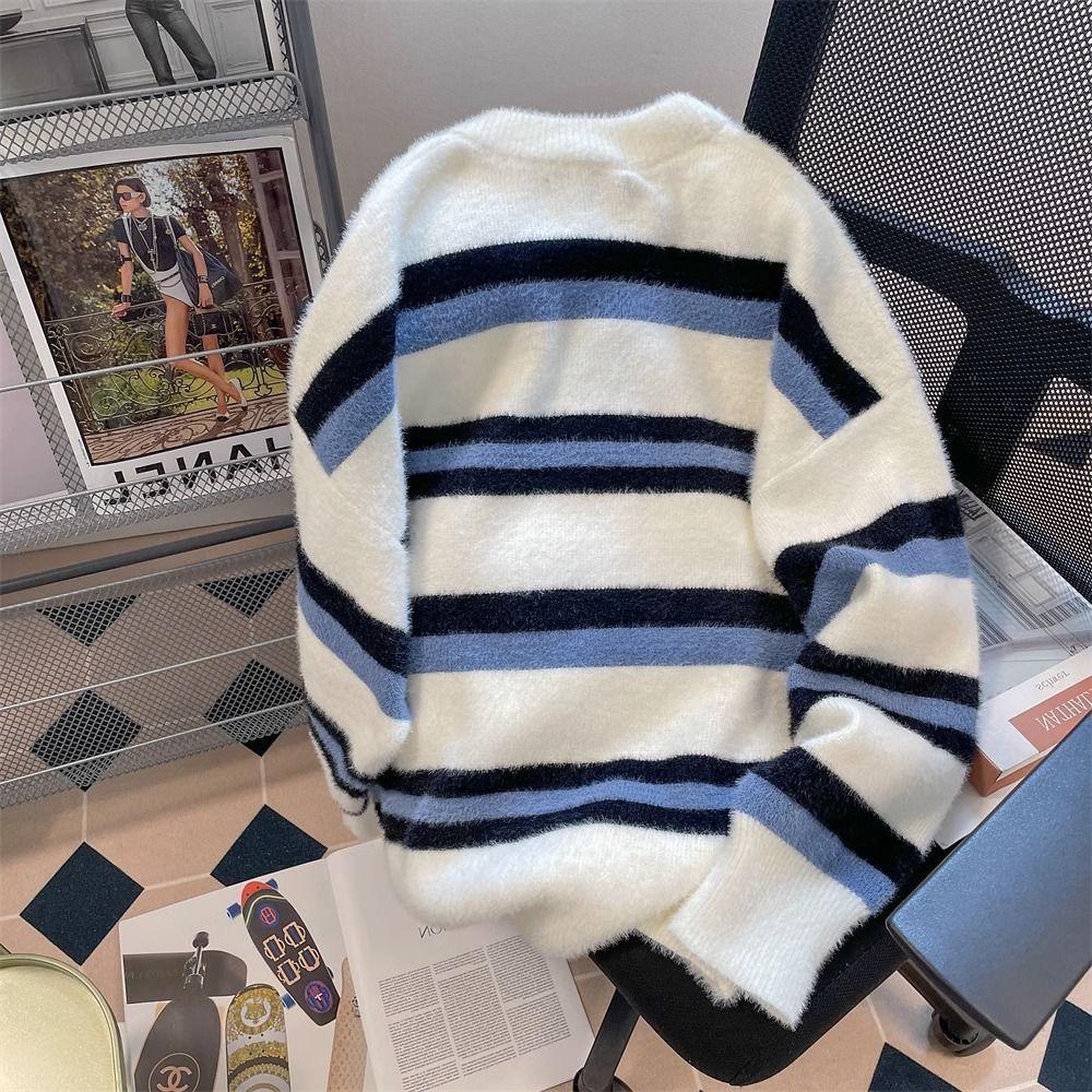 

Унисекс Полосатый Ретро Вязаный Кардиган - Круглый Вырез, Свободный Крой, Мода Осень/Зима L синий