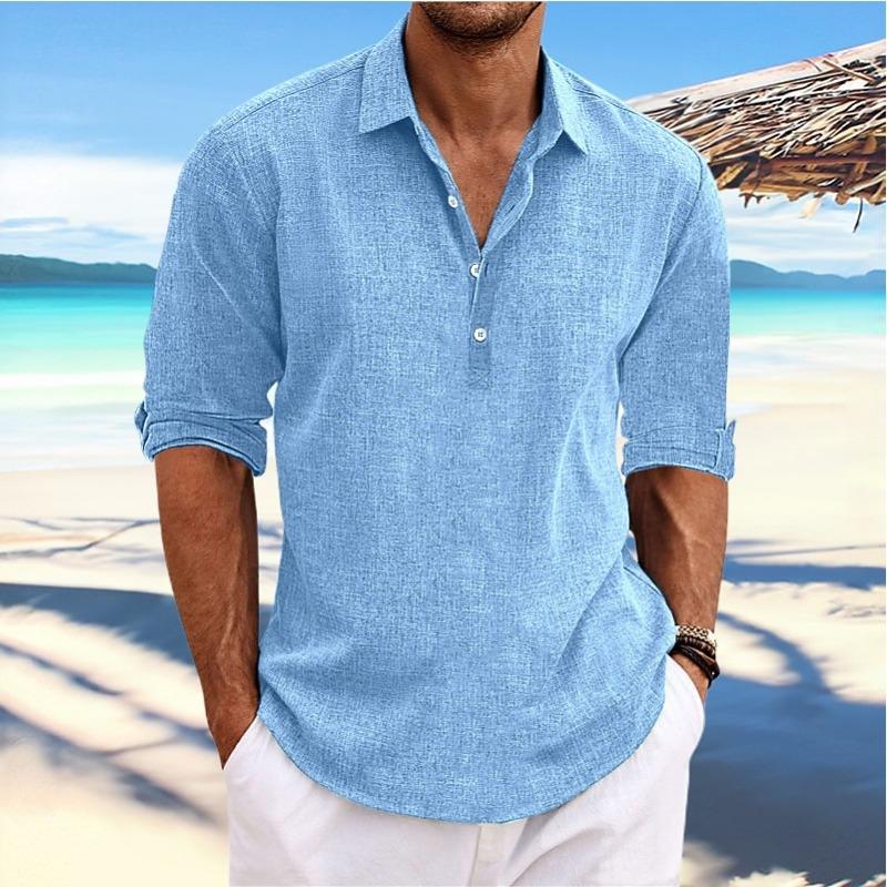 Men Linen Blend Half Button Long Sleeve Henley Shirt Roll Up Sleeve Casual Beach Top