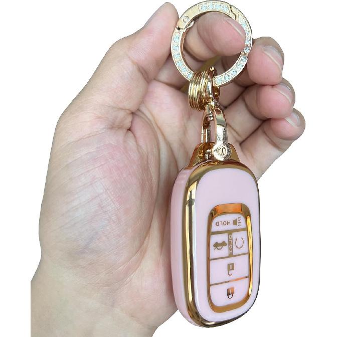 Keyless Entry Systems for Honda Key Fob Cover Fit for Honda   2024 2025 Civic Accord HR-V Pilot CR-V 5 Buttons Smart Key (Pink-Gold)