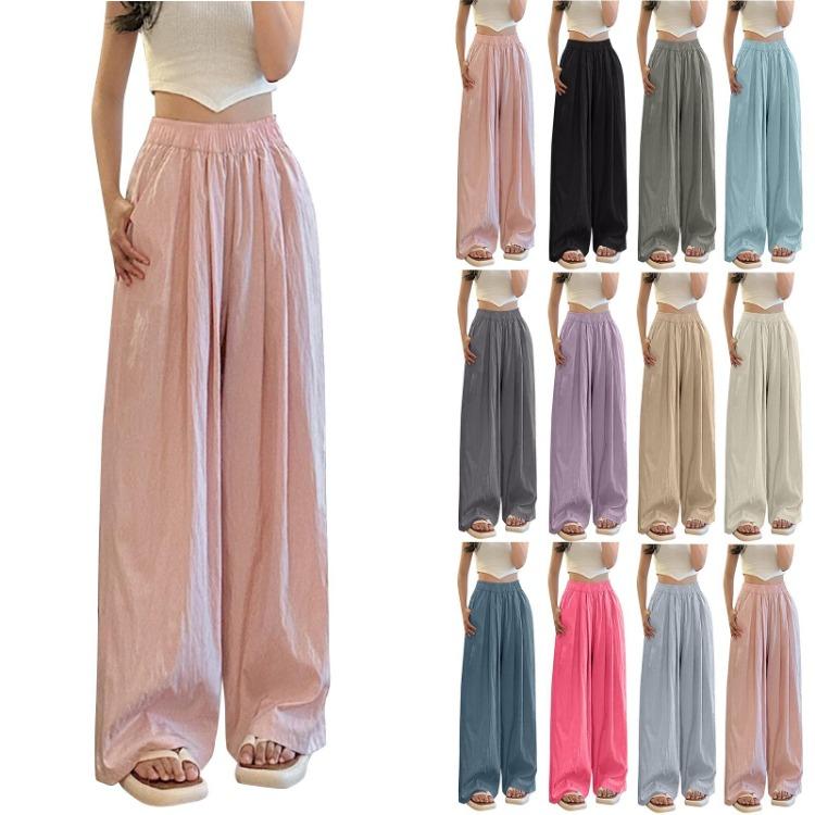 Ice Silk Womens Casual Wide Leg Pants Loose Solid Color Wrinkled