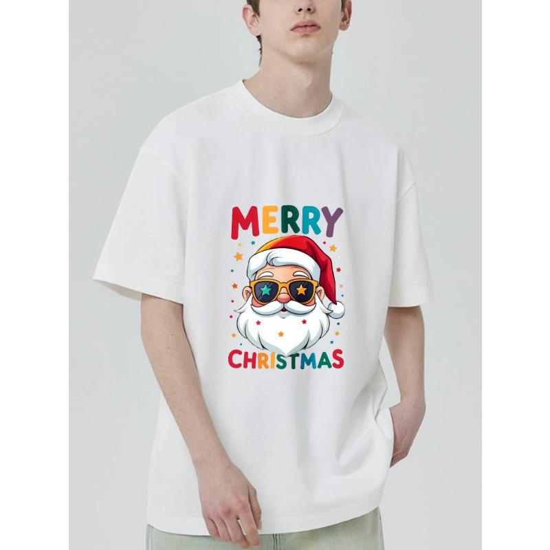 Merry Christmas Santa Claus T Shirt Black Color with Cartoon Santa Wearing Sunglasses and Stars Print for Holiday Party and Festive Season