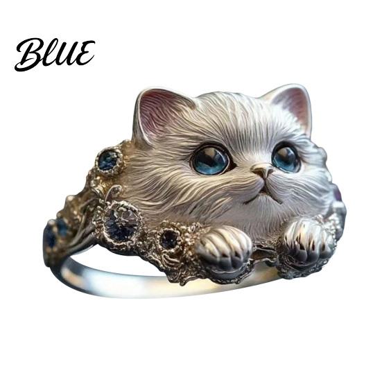 Adjustable Cat Ring Finger Hand-Engraved Decor Women Men with Rhinestone