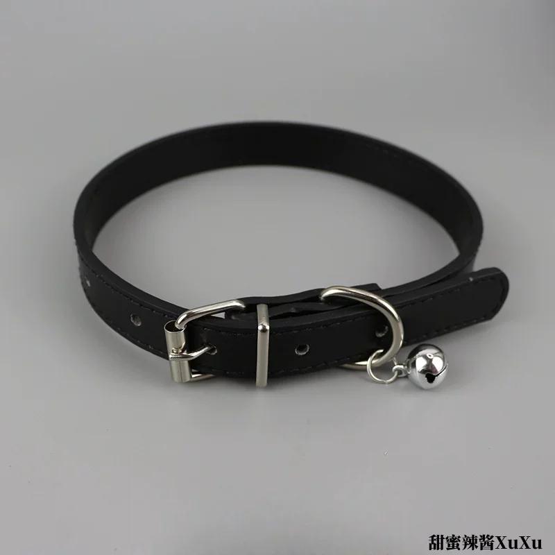 Classic Black Leather Choker with Bell and Leash for Men Punk Necklace Cosplay