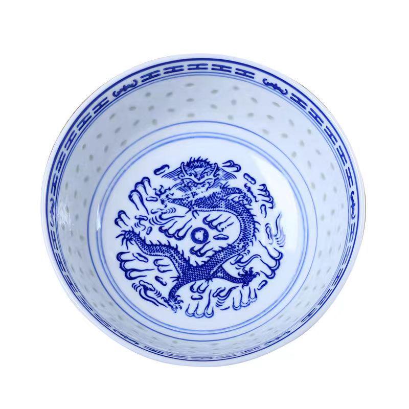 Niebiesko-biały porcelanowy zestaw miseczek Linglong w stylu retro (4-10 cali) – Idealny do ryżu, zupy lub makaronu.