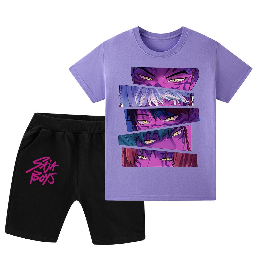 

WA1215 Kids Boys Girls Kpop Rumi Zoey Mira Sajaboys Print Short Sleeves T-shirt Shorts Pants Sets 160cm фіолетовий