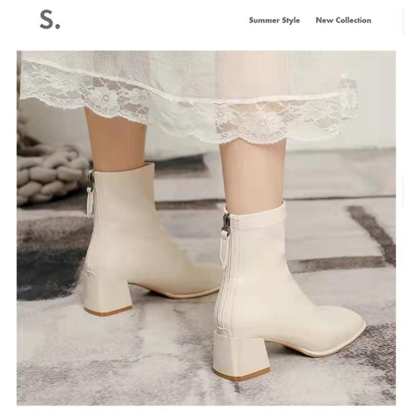 2025 Women's Fashion Boots Square Toe Square Heel Back Zipper Short Boots Retro All-match Korean Style Spring and Autumn Boots