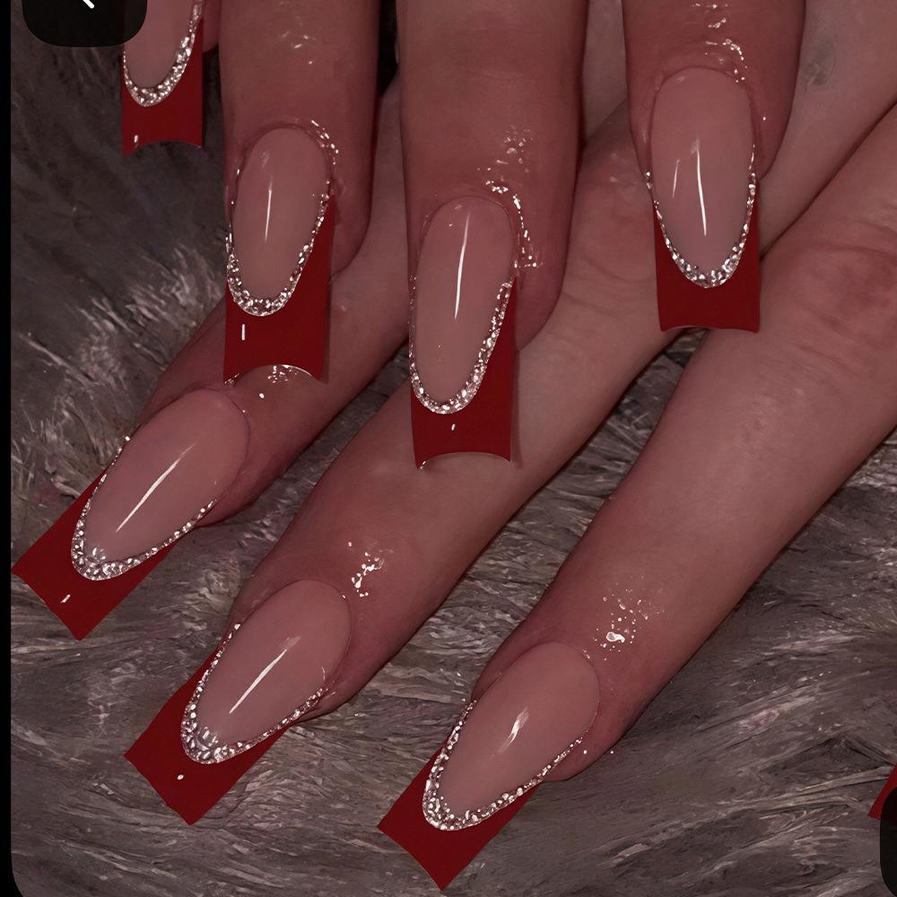 24-Pack Medium & Long White French Ballet False Nails with Glitter Powder