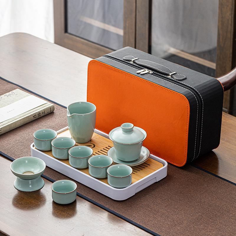Ceramic Ru kiln cover bowl teapot azure travel tea set tea tray portable bag tea cup set activity gift