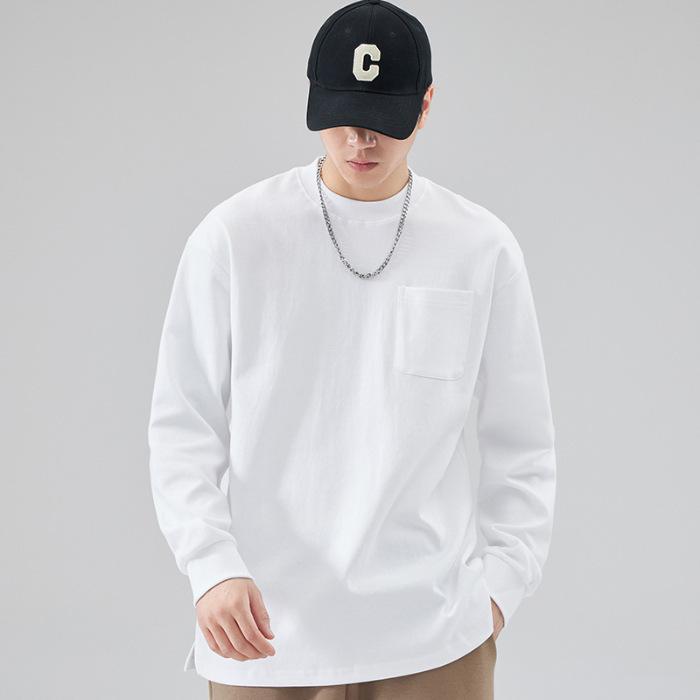 

300G Тяжелый хлопок Футболка с длинным рукавом Базовая футболка Американский кэжуал Маленький вырез Мужская Свободная Карман Нить Японский Ретро 2XL