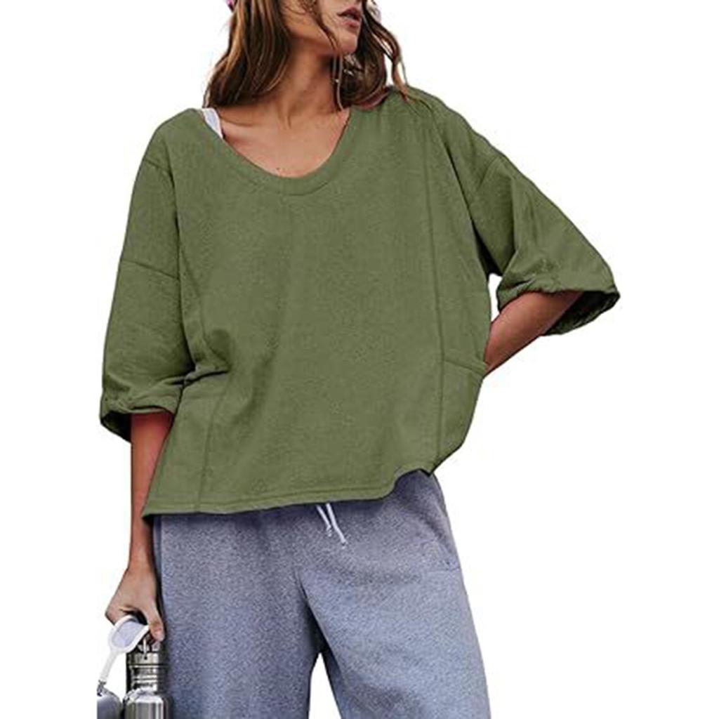 Women's U-neck Loose Seven Quarter Sleeve Patchwork Pocket Shirt