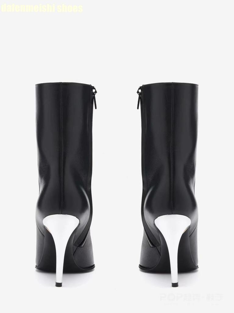 Botas Cortas de Tacón Alto Stiletto Estilo Metálico Extraño 2025 Nuevas Botas de Punta Hasta la Pantorrilla Cremallera Lateral Botas Negras para Mujer