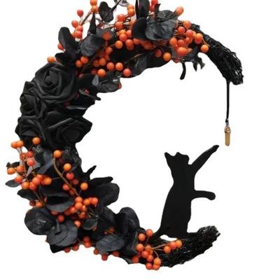 Halloween Mond Katze Girlande mit Rose Schwarz Dekorationen Halloweens Girlande Kranz für Haustür Türdeko