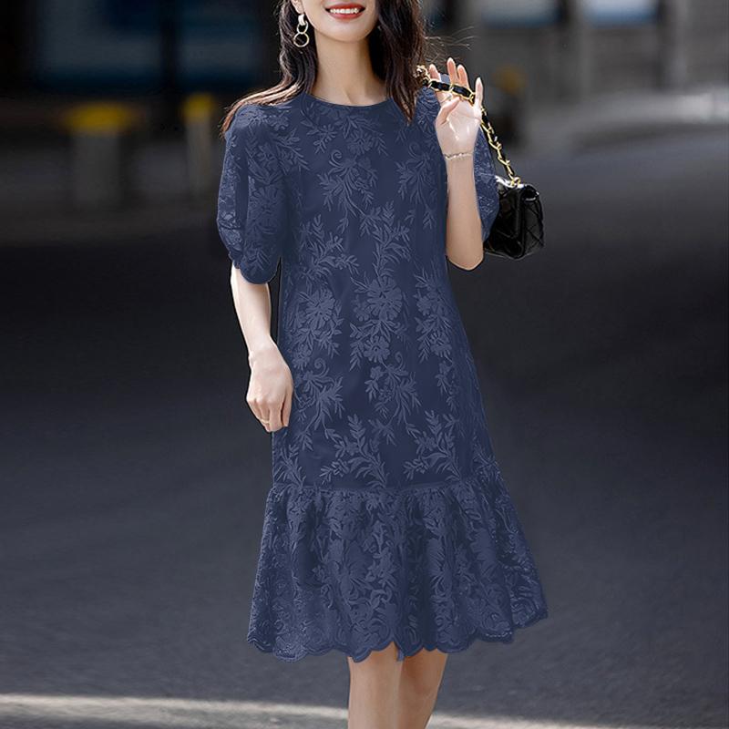 ZANZEA Women Casual Round Neck Lace Patchwork Short Sleeve Dress