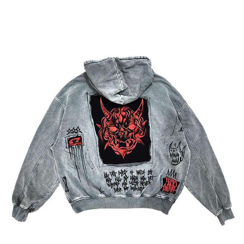 2025 Neue Mode Amerikanischer Street Retro Y2K Herren und Damen mit Dämonen-Print-Patch Lockerer Kapuzenpullover Mantel