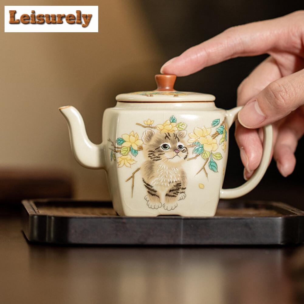 145ml imitace Song Cream Ru Kiln konvice na čaj roztomilá kočka čtvercový hrnec ledová popraskaná glazura porcelánová konvice na čaj s filtrem s otvorem pro kuličky dárky