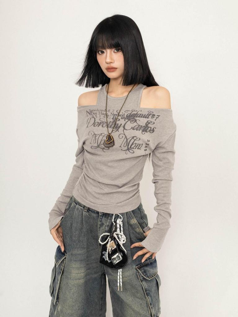 Damen Herbst Retro Ein-Schulter Slim Fit Langarm Oberteil