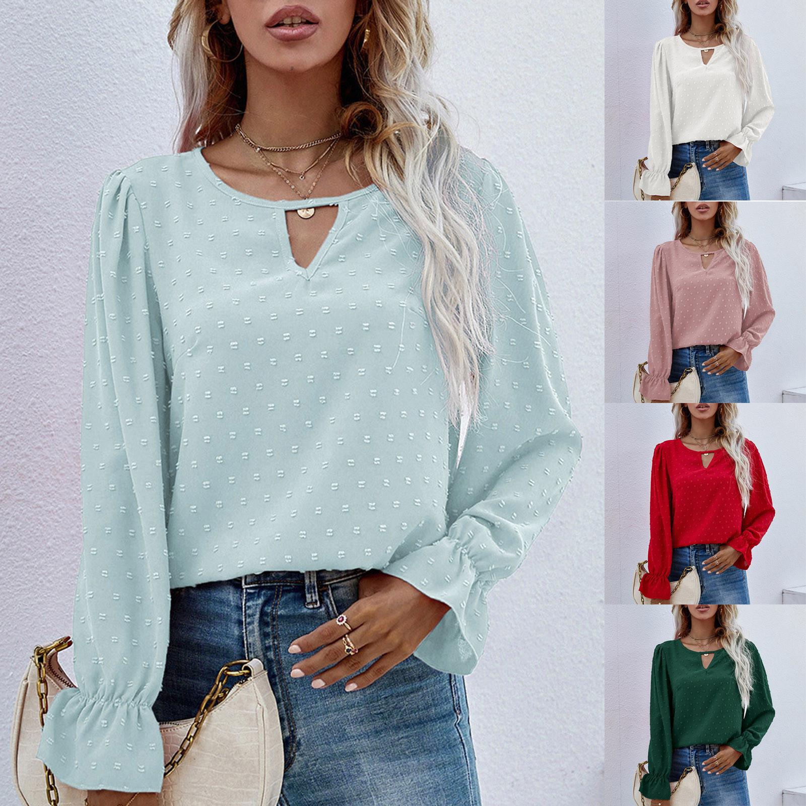 

Women s Casual Fashion Solid Color Ruffled Long Sleeve Pullover Chiffon Shirt