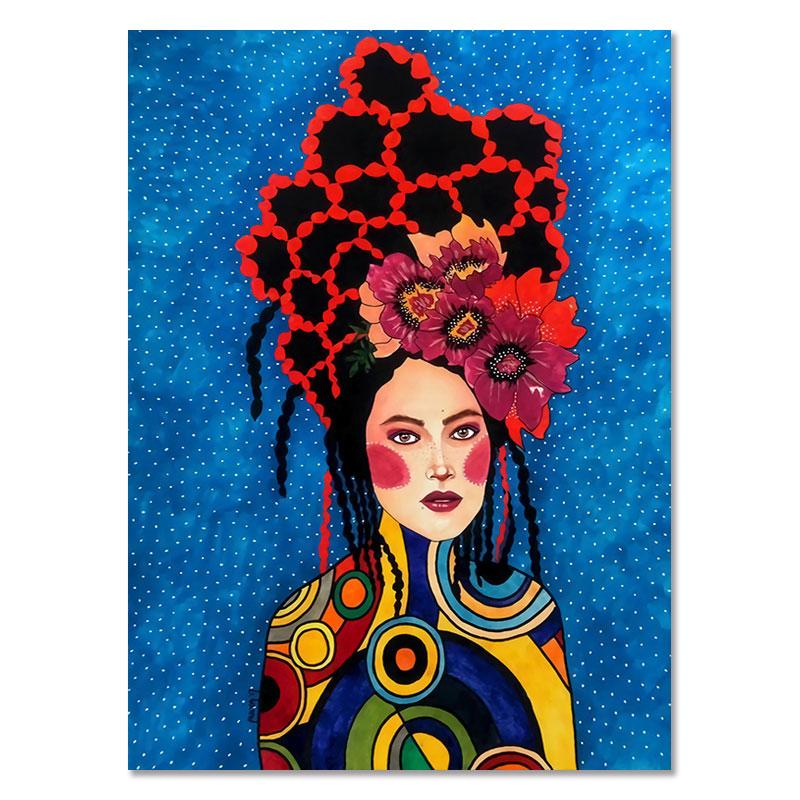 Moderne kvinner Fargerike blomsterhår Pike Veggkunst Lerretsmaling Nordisk plakat Vintage veggbilder til stuen