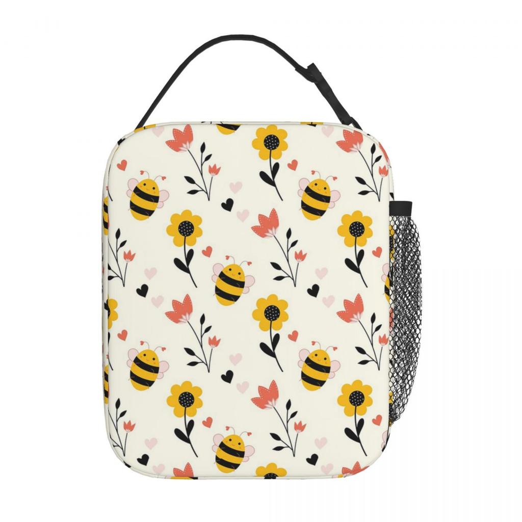 Das Muster von Bienen beim Blumenpflücken Isolierte Lunchtasche für Damen Kinder Tragbare Lebensmittelboxen Thermische Lunchbox Tragetasche