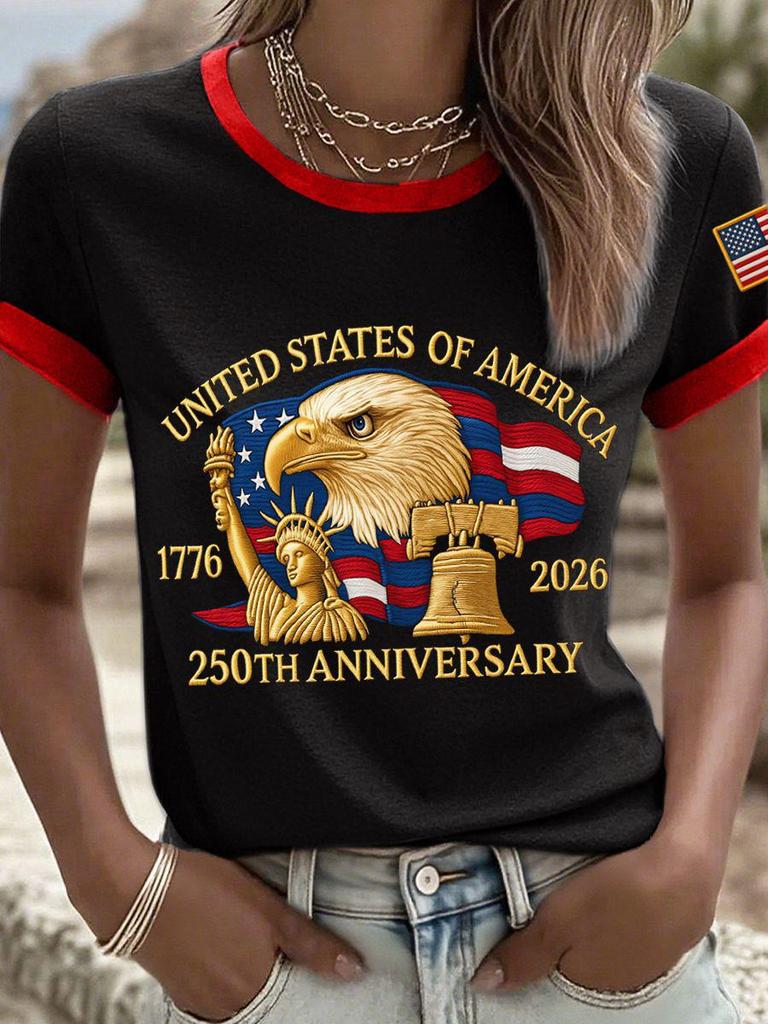 Women's 250th Anniversary Independence Day Digital Print T-shirt – Short Sleeve, Casual European & American Style