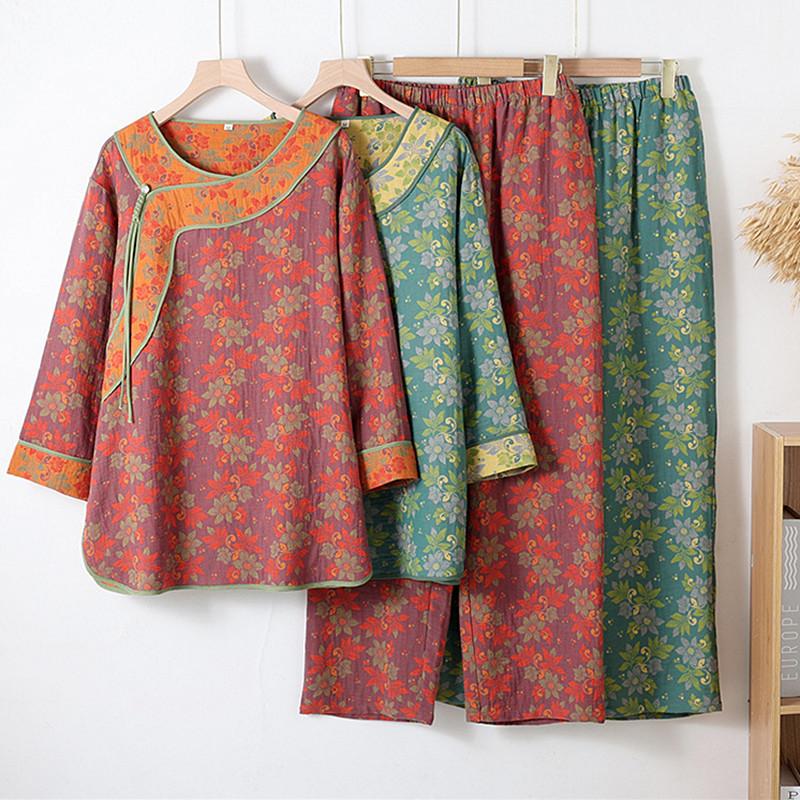 Retro Autumn Winter Ladies Sleepwear Printing Women's Pajamas Set 100% Cotton Long Sleeve Trousers Suit