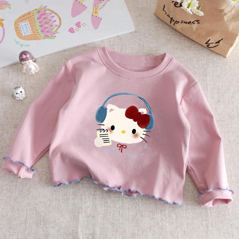 Girls Cotton Long Sleeve T Shirt Cute Cartoon Print Ruffle Crew Neck Base Layer Top For Autumn