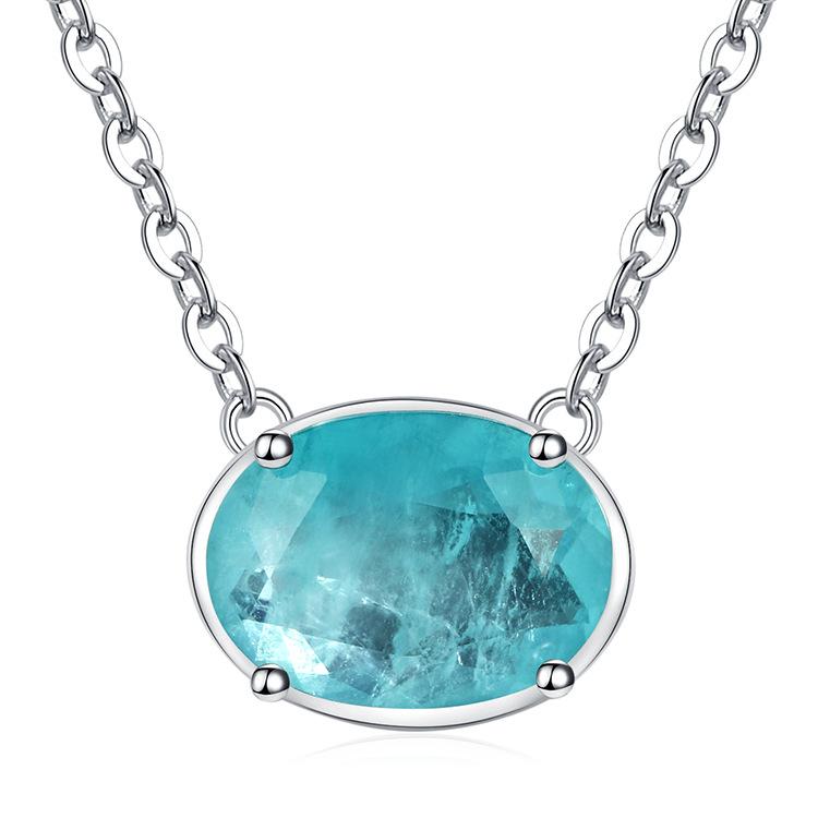 Jewelry Retro Collarbone Chain Inlaid Imitation Paraiba Egg 10 * 14 Pendant Four-Claw Sapphire Necklace