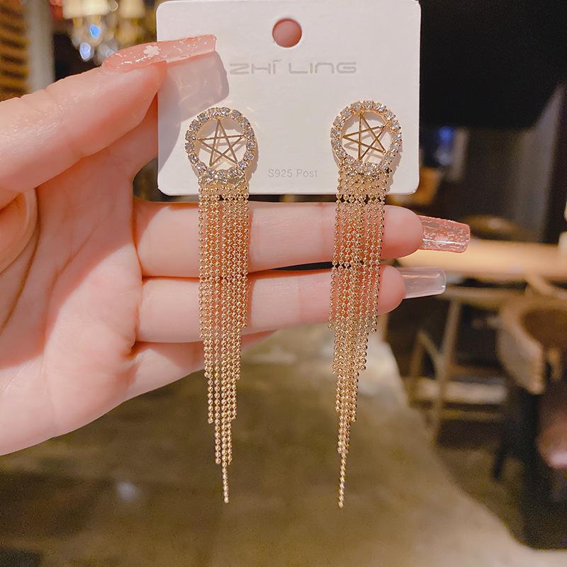 Light luxury high-end sense gold long fringed temperament earrings fashionable atmosphere versatile stud earrings personalized daily earrings