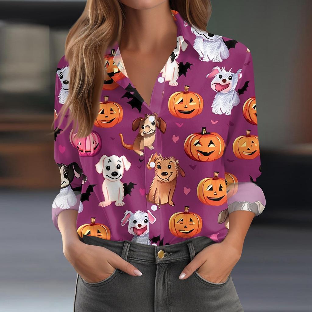 Damen Hemd Bluse Halloween Print Knopf Langarm Lässig Basic Hemdkragen Regulär Top