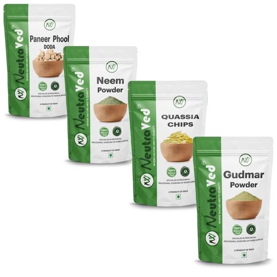 

NeutraVed Порошок Гурмар 100 г, Квассия горькая 100 г, Порошок Нима 100 г и Панир Пхул 150 г Продвинутый набор для ухода при диабете 450 г Упаковка из 4