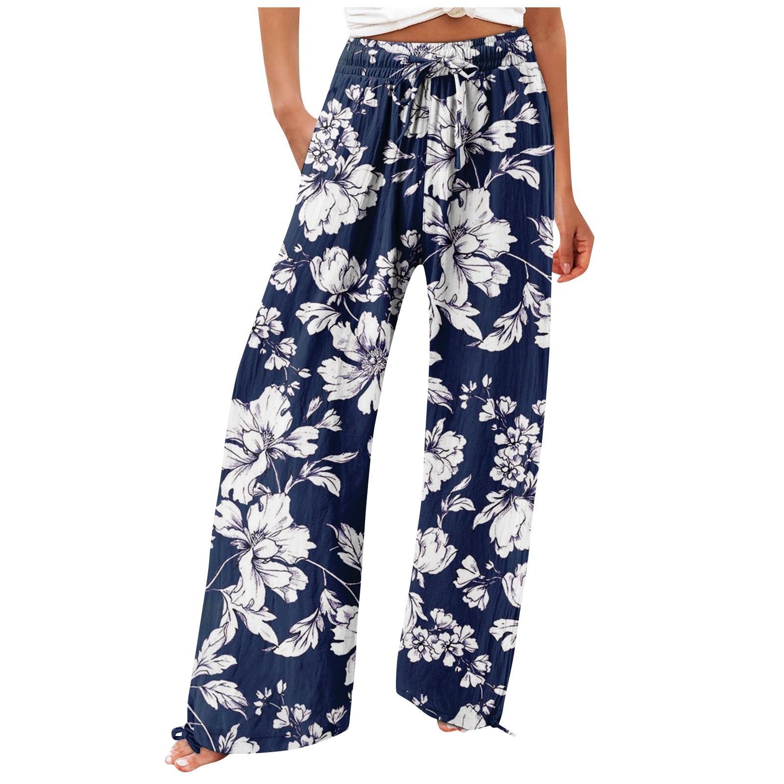 

Брюки для женщин. Летние струящиеся брюки с высокой талией и широкими штанинами с принтом. Повседневные брюки. XL тёмно-синий