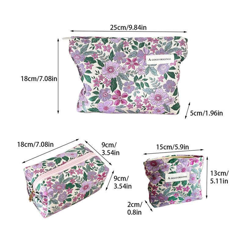Portable Purple Flower Fabric Cosmetic Bag Makeup Pouch Organizer