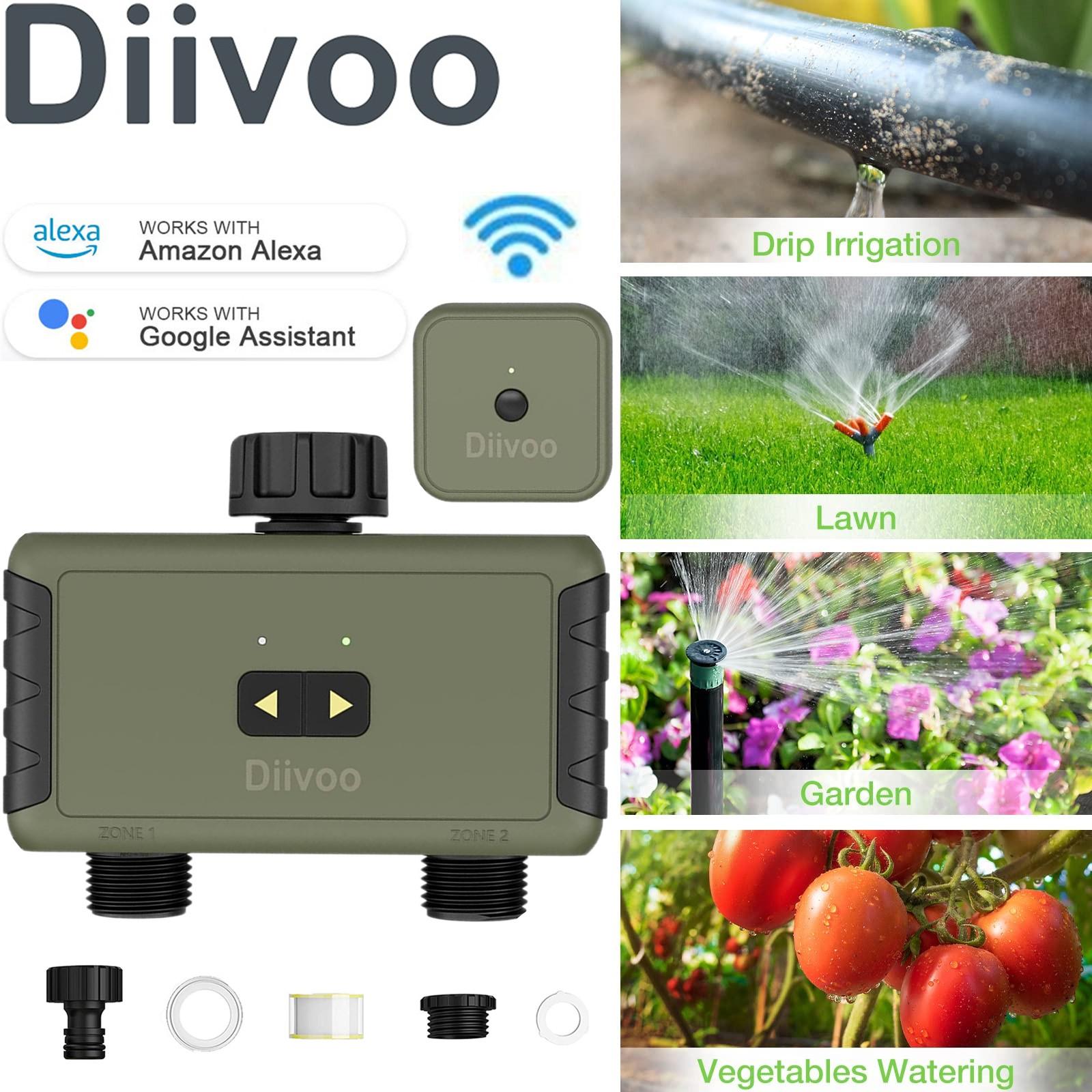 

Diivoo Garden WiFi Таймер воды 1/2 зоны, беспроводная система орошения с дистанционным управлением с концентратором Wi-Fi, задержка дождя и ручной полив