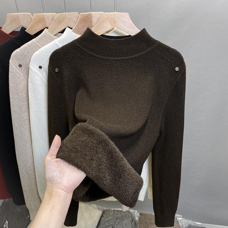 One-piece Fleece Semi-turtleneck Sweater Women's Fleece Thickened Bottoming Shirt Autumn and Winter New Knitted Sweater with Top Tide