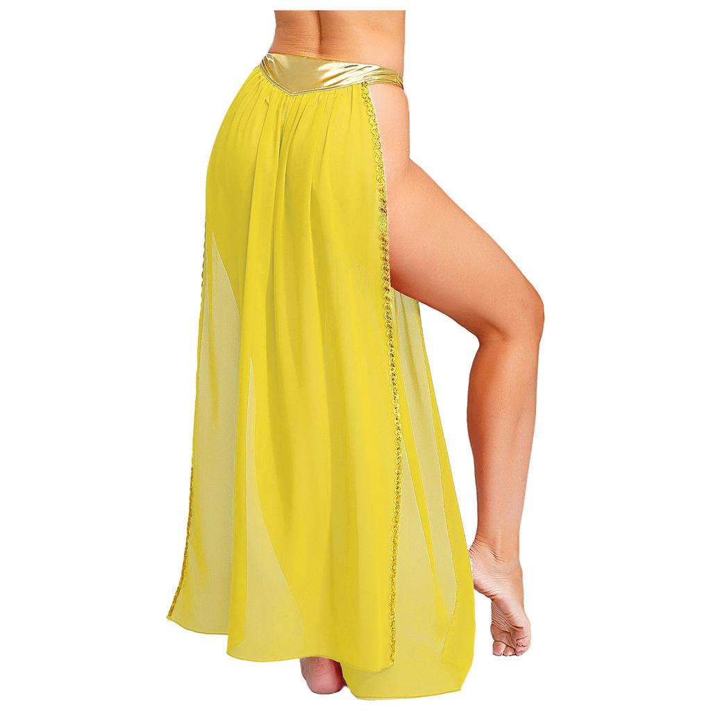 Costume da Regina Antica da Donna Slip Gonna in Chiffon Spacco Laterale Metallizzato Riflettente Rifiniture Dorate Outfit di Halloween