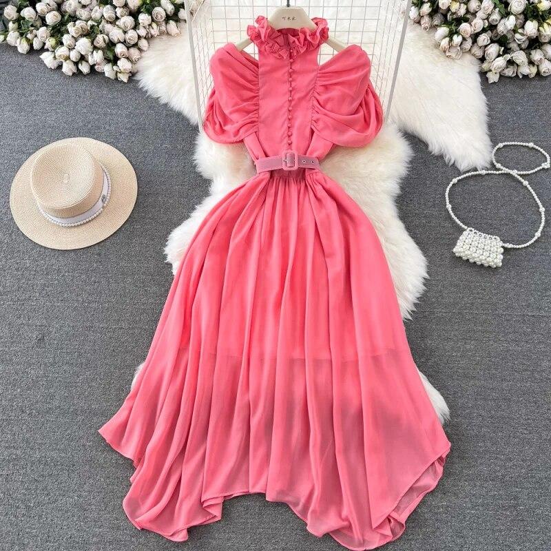 Frauen Süße Stehkragen Off Schulter Plissee Taille Schlank A-linie Elegante Lange Kleid Mode Frühling Herbst
