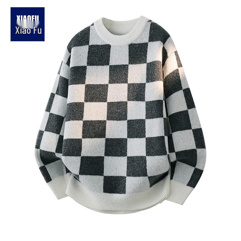 Men s Checkered Round Neck Knit Sweater L