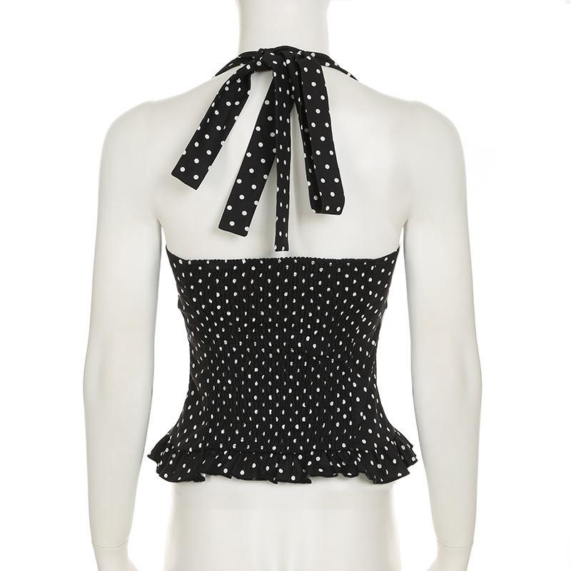 Women Summer Sweetheart Neck Polka Dot Ruffle Hem Slim Fit Sleeveless Camisole Top