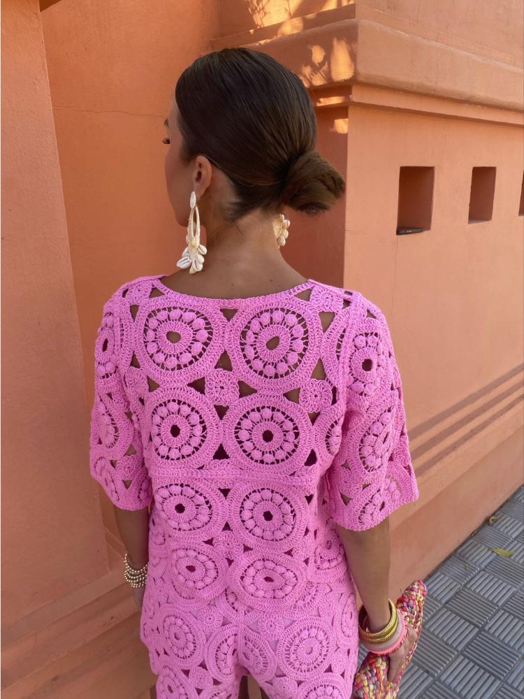 Σέξι Διχτυωτά Κροσέ Σετ Δύο Τεμαχίων Γυναικεία Μπλουζάκια με Κοντό Μανίκι + Ψηλόμεσο Χαλαρό Σορτς Γυναικεία Μόδα Σικ Μονόχρωμα Streetwear Κοστούμια Παραλίας