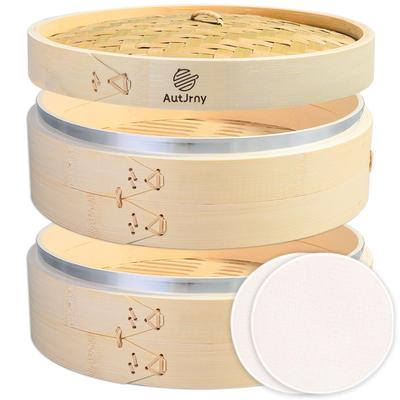 21cm Bambusový pařák 2patrový set Pařák Čínský pařák Vyztužený kroužkem z nerezové oceli Obsahuje 2 pláty pro bavlněný pařák Přírodní dřevo Přírodní