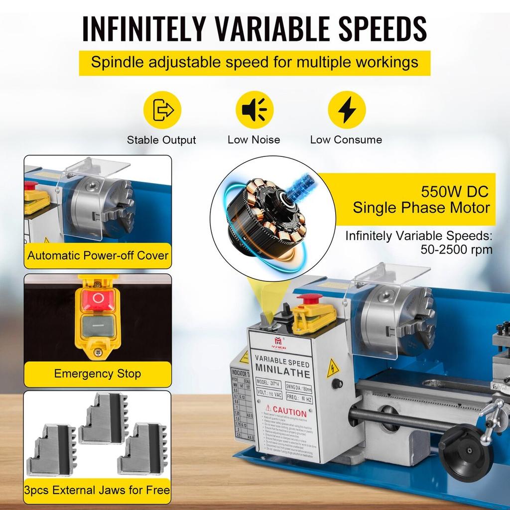 Mini Metal Lathe 550W Variable Speed Metal Lathe 50 to 2500Rpm Precision Mini Benchtop Lathe 7x14 Inch for Mini Precision Parts Processing Sample