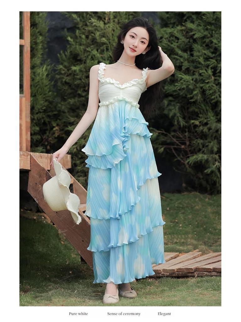 Women's Summer Ruffle Lace Patchwork Strappy Skirt Set